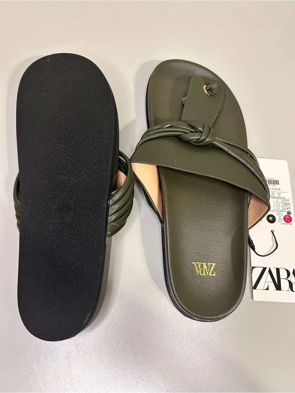 ZARA Dark Olive Knotted Strap Slide Sandals - Picture 2 of 3